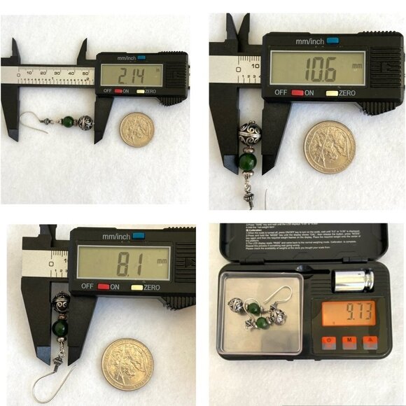 Sterling Silver 925 Round Beaded Nephrite Oxidized Scrollwork Dangle Earrings - Picture 10 of 16